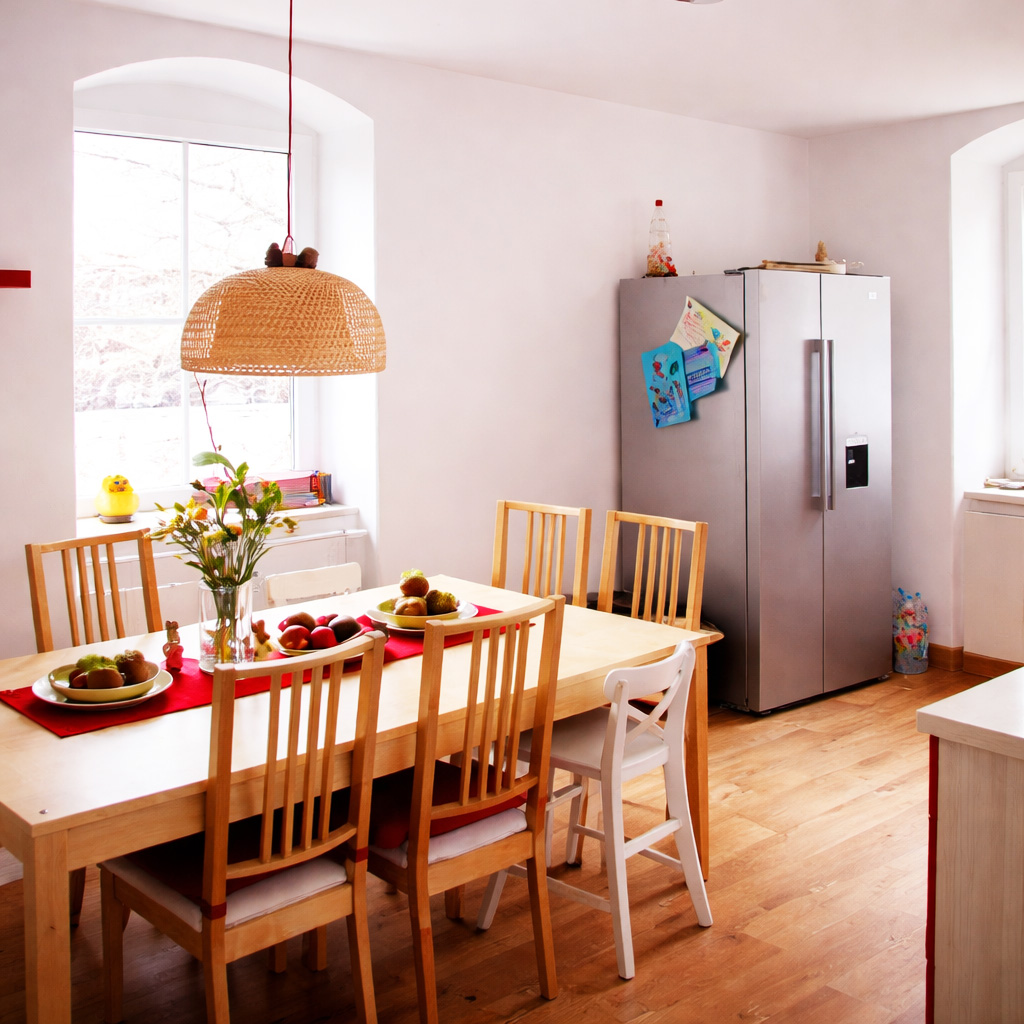 Freundlicher Wohnbereich mit Tisch, Stühlen und Kühlschrank